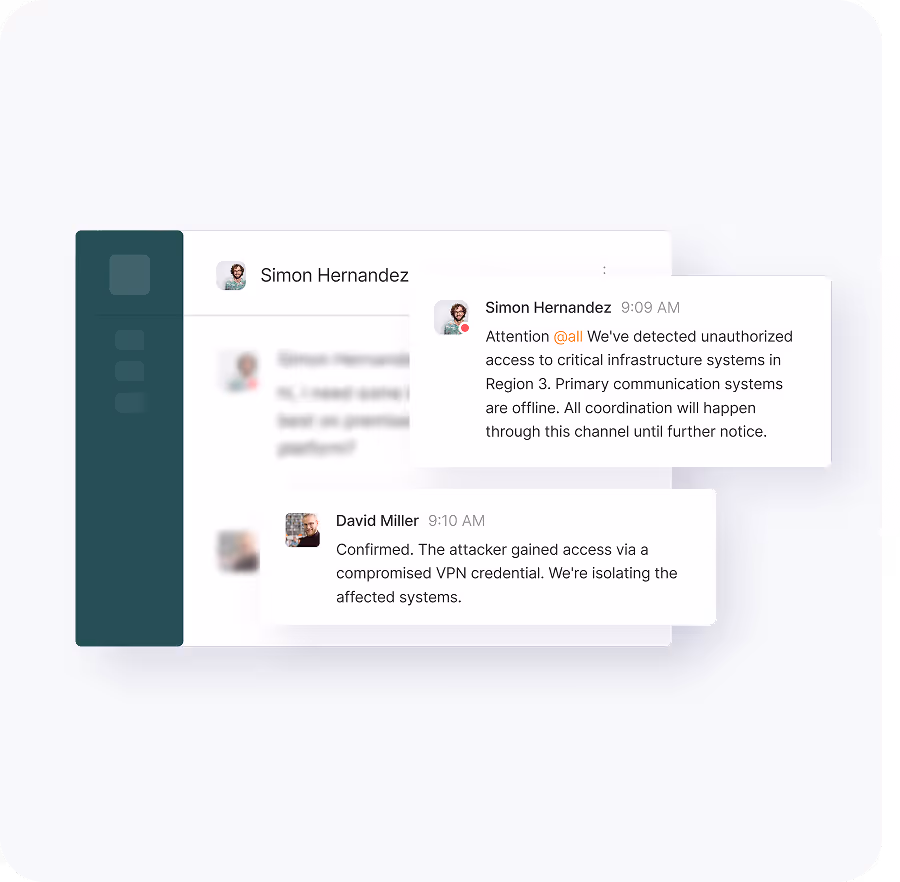 Interface de chat mostrando mensagens entre Simon Hernandez e David Miller sobre acesso não autorizado a infraestrutura crítica e isolamento de sistemas afetados.